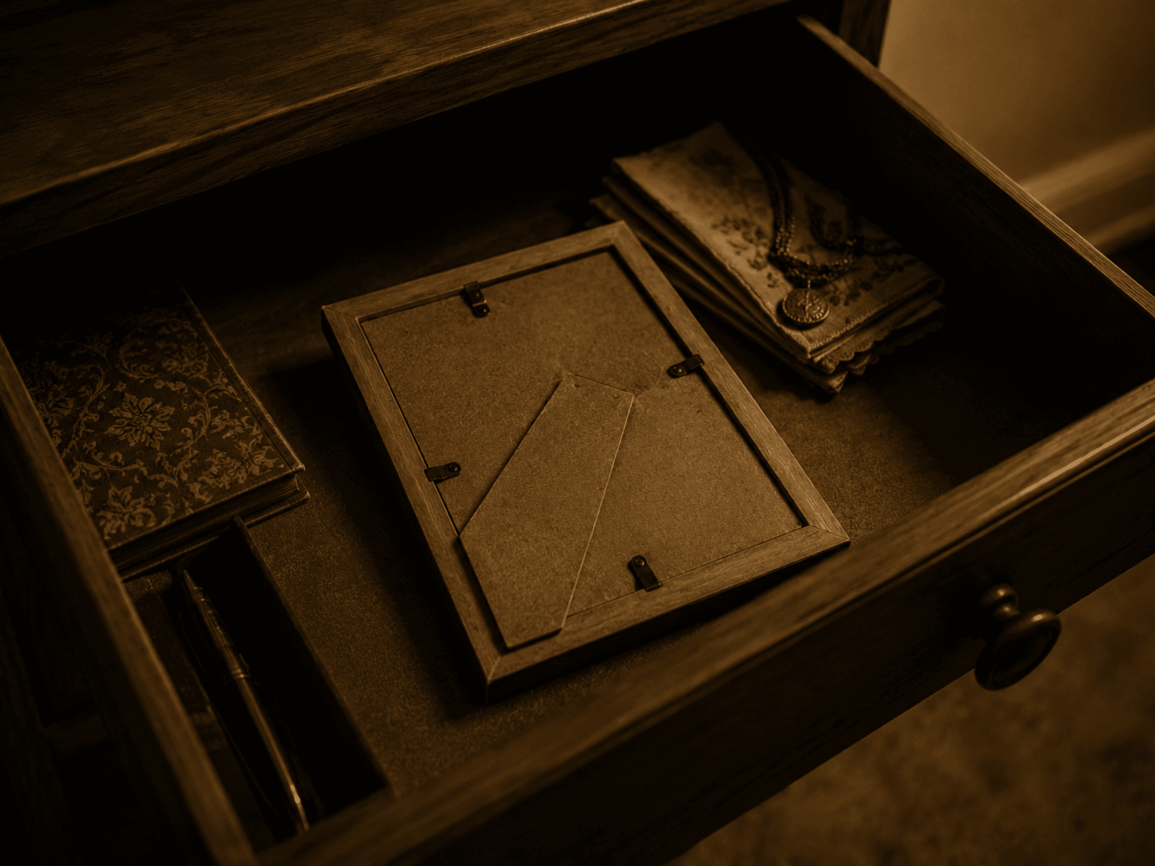 Face-down in the drawer. He hasn't looked.