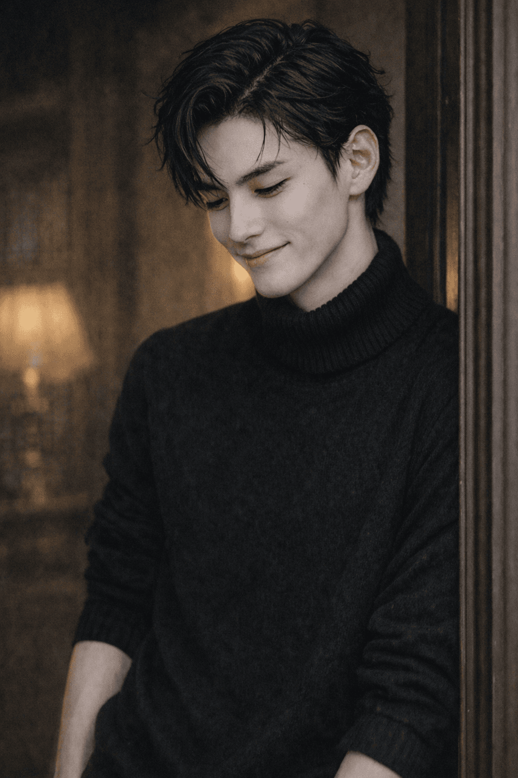 Vesper leaning against a bookcase, glasses off, sleeves rolled